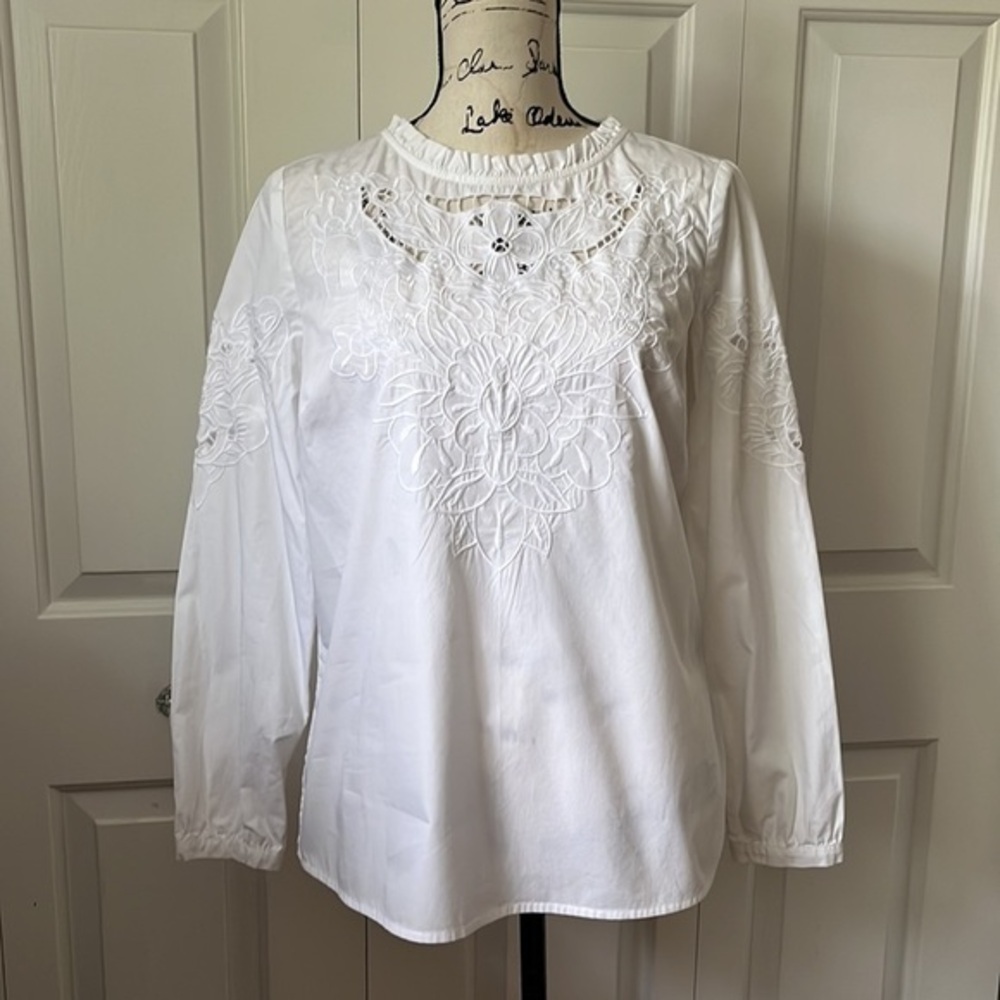 Talbots White Embroidered Long Sleeve Blouse Sz Sm